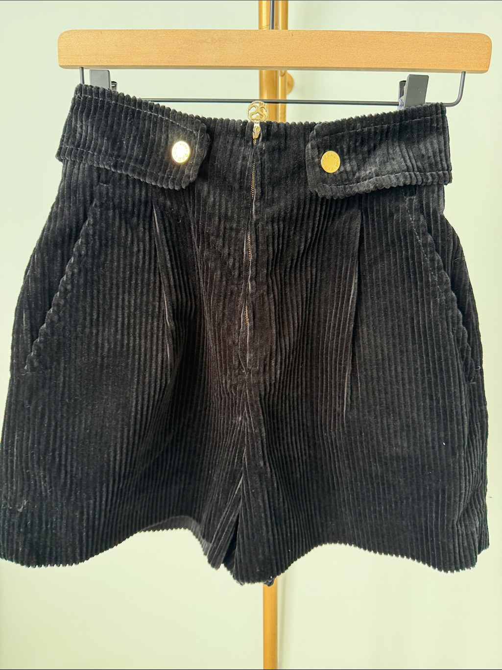 Corduroy High-Rise Black Bermuda Shorts With Gold Hardware